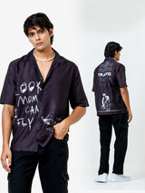 Black Poly Crepe  Look Mom I Can Fly Printed Oversized Shirt