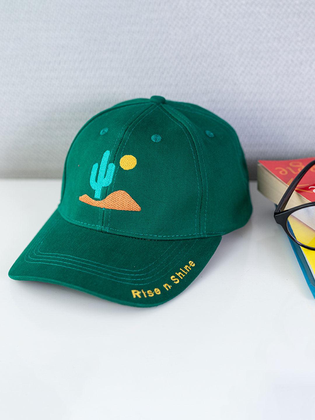 Rise N Shine Cactus Embroidered Green Free Size Unisex Baseball Caps - Tistabene