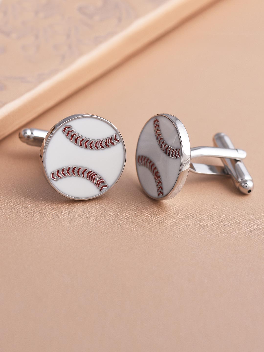 Base Ball Design Sports Stylish White Enameled Cufflink