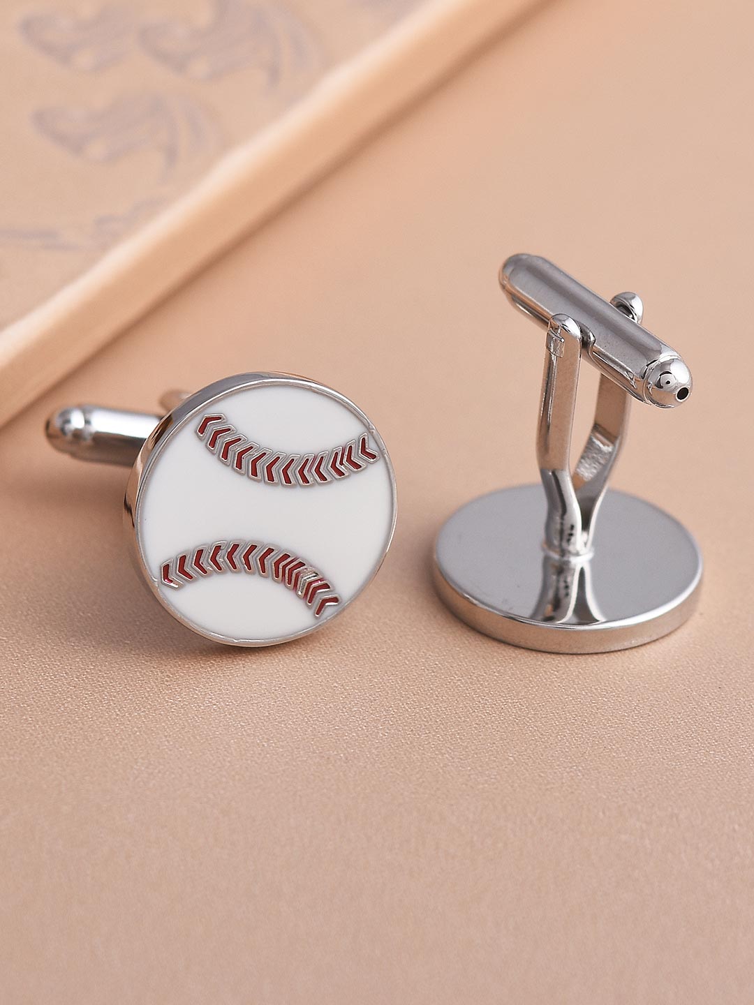 Base Ball Design Sports Stylish White Enameled Cufflink