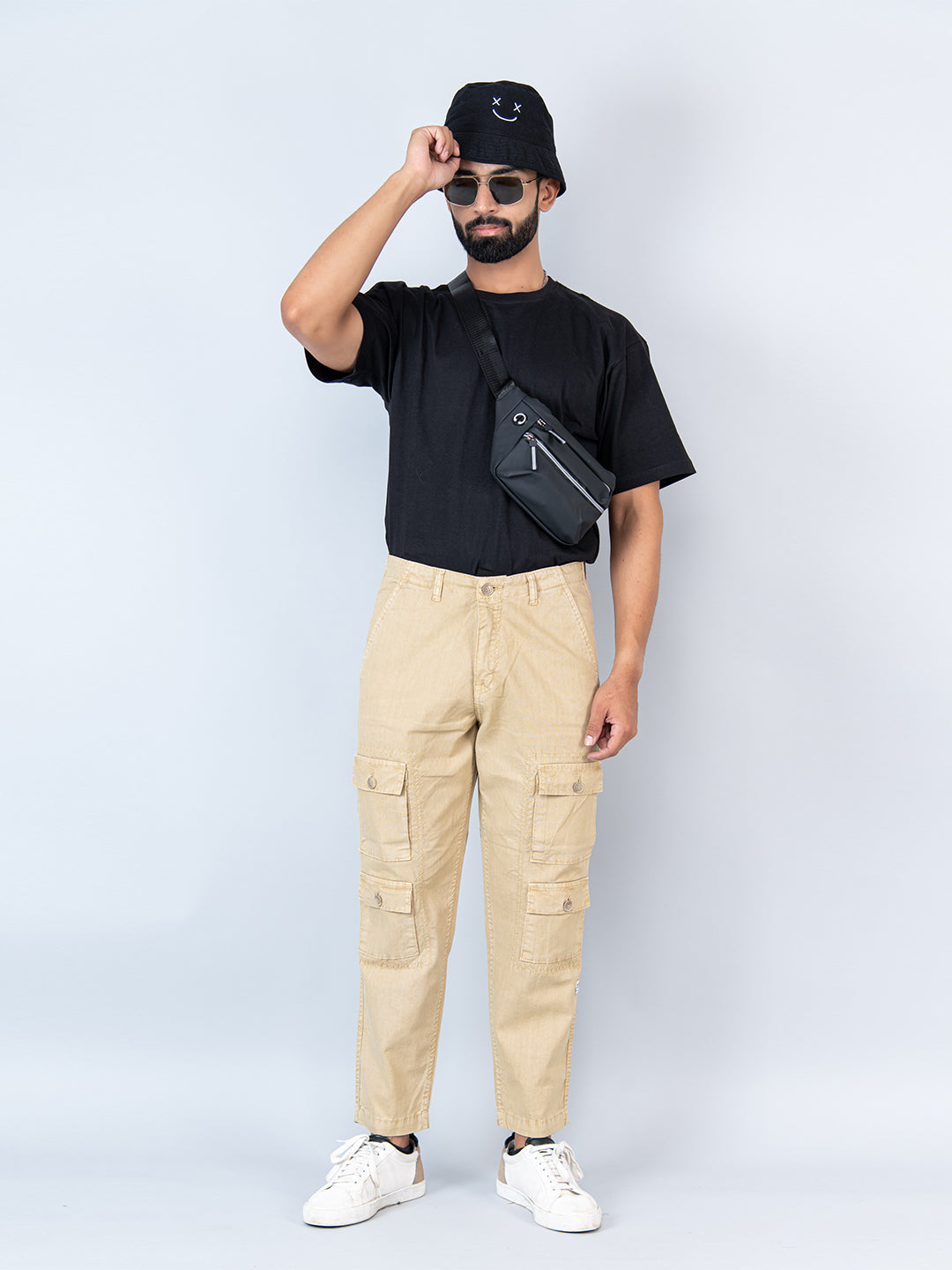 camel brown baggy fit linen cargo pants