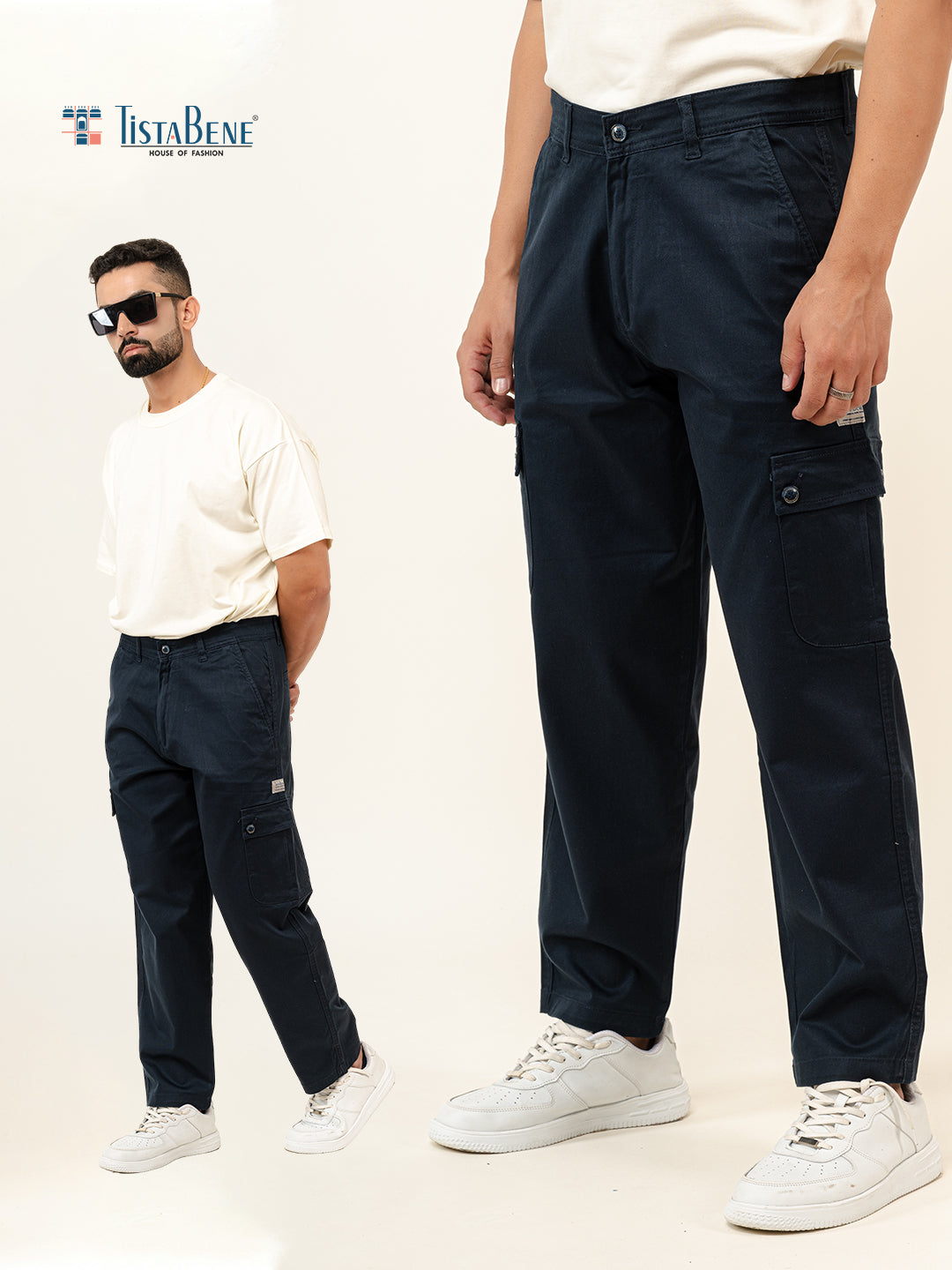 Navy Blue Baggy Fit Chinos Cotton Cargo Pants