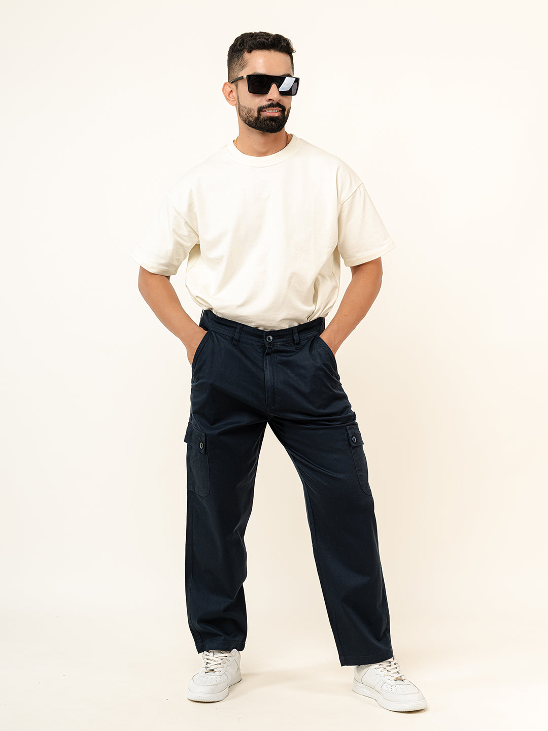 Navy Blue Baggy Fit Chinos Cotton Cargo Pants