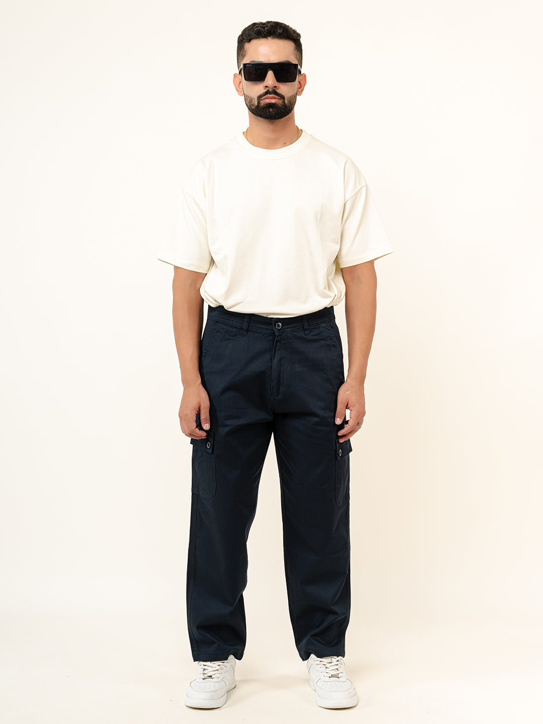 Navy Blue Baggy Fit Chinos Cotton Cargo Pants