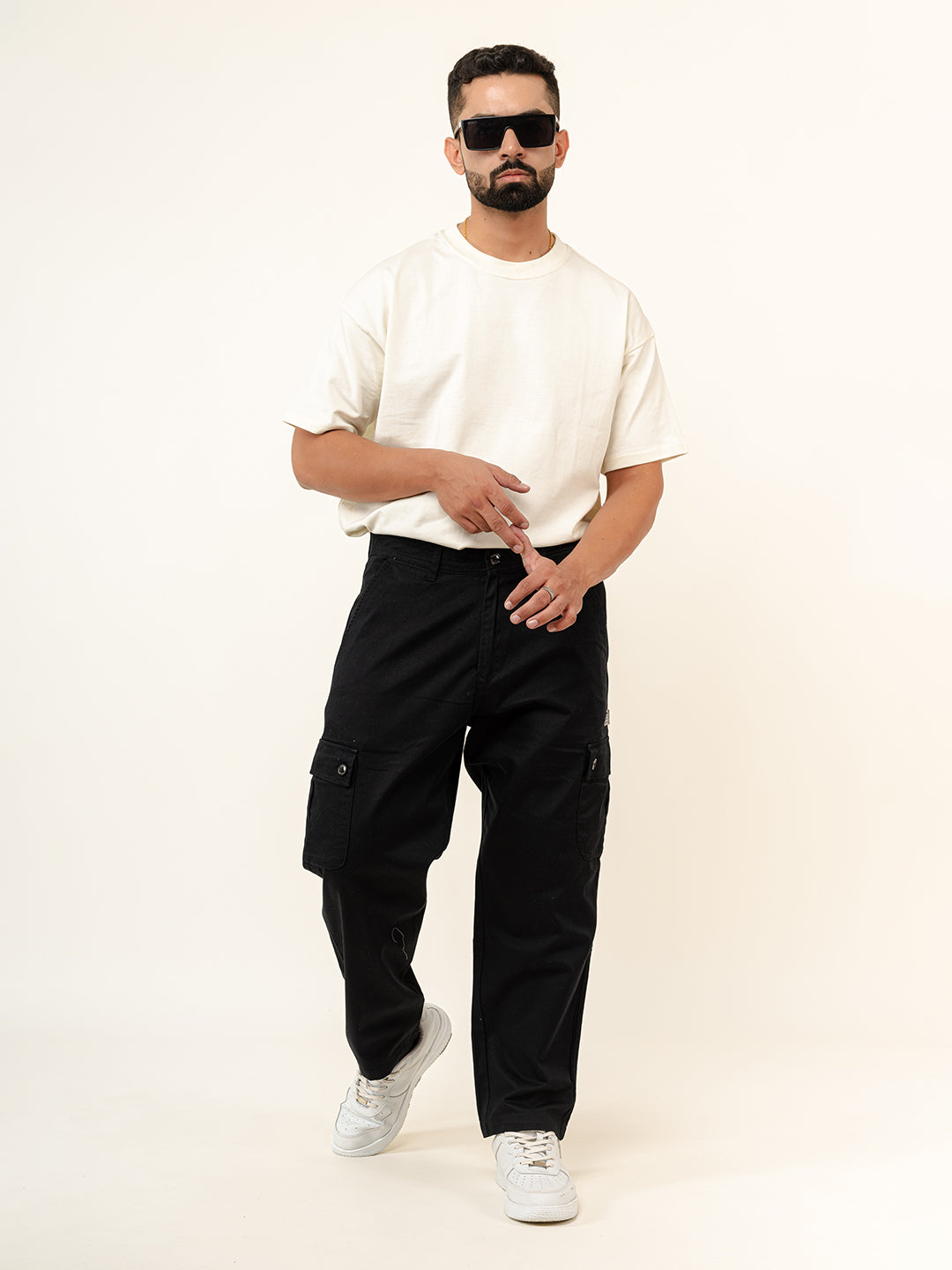 Black Baggy Fit Chinos Cotton Cargo Pants