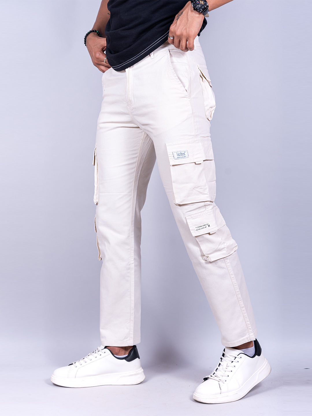 Cream Matty Linen Lycra Mens Cargo Pants