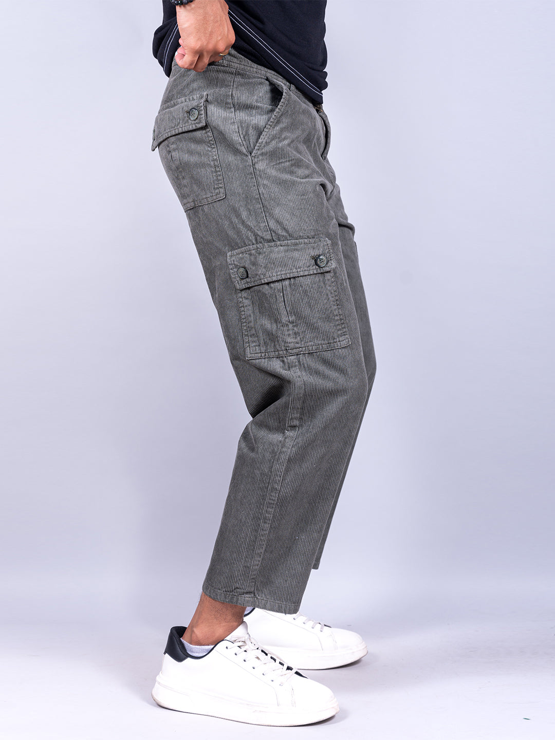 Distressed Olive Green Baggy Fit Corduroy Cargo Pants