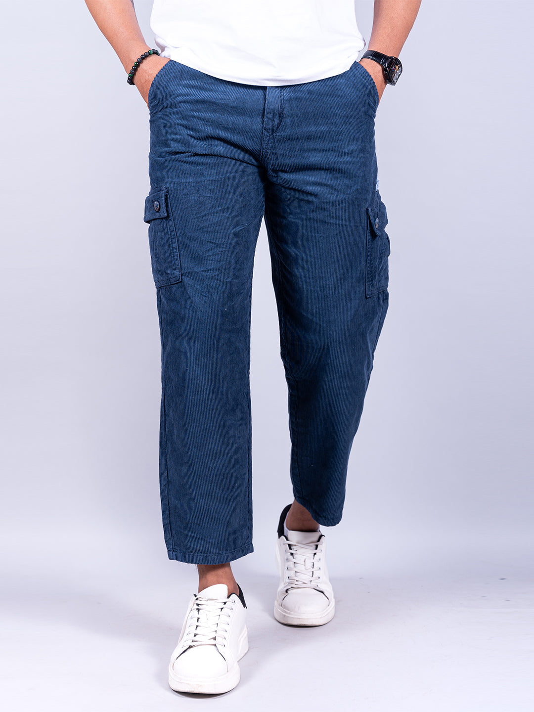 Blue Baggy Fit Corduroy Cargo Pants