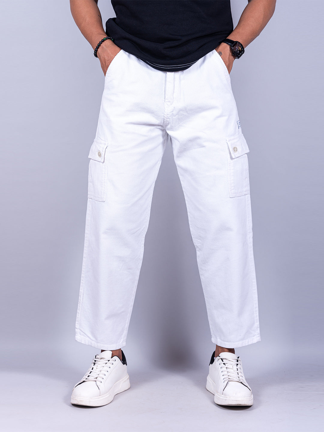 Midnight White Baggy Fit Corduroy Cargo Pants