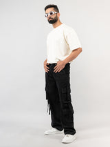 Black Drill Relaxed Fit Cargo Pants for Men