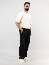 Black Drill Relaxed Fit Cargo Pants for Men