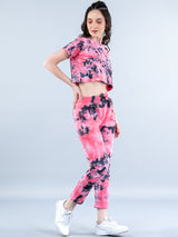 Pink & Blue Color Tie-Dye Cotton T-Shirt and Jogger Set For Women