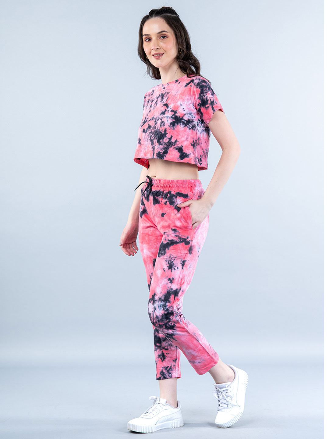 Pink & Blue Color Tie-Dye Cotton T-Shirt and Jogger Set For Women