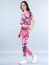 Pink & Blue Color Tie-Dye Cotton T-Shirt and Jogger Set For Women