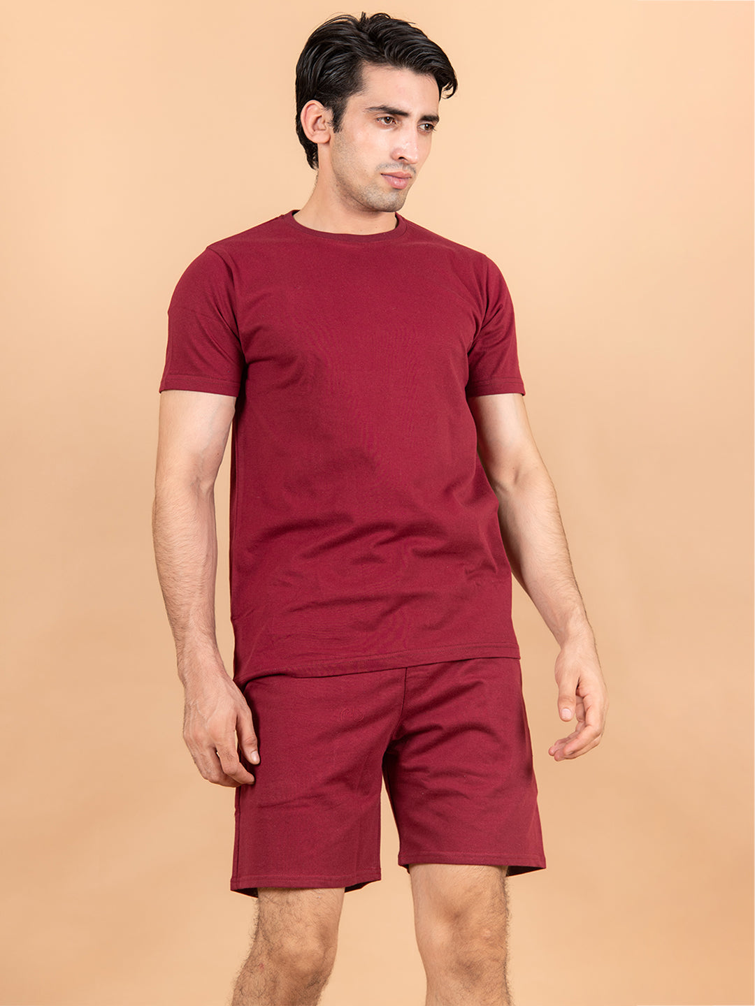 Burgundy Solid T-Shirt and Shorts Men's Co-Ord Set