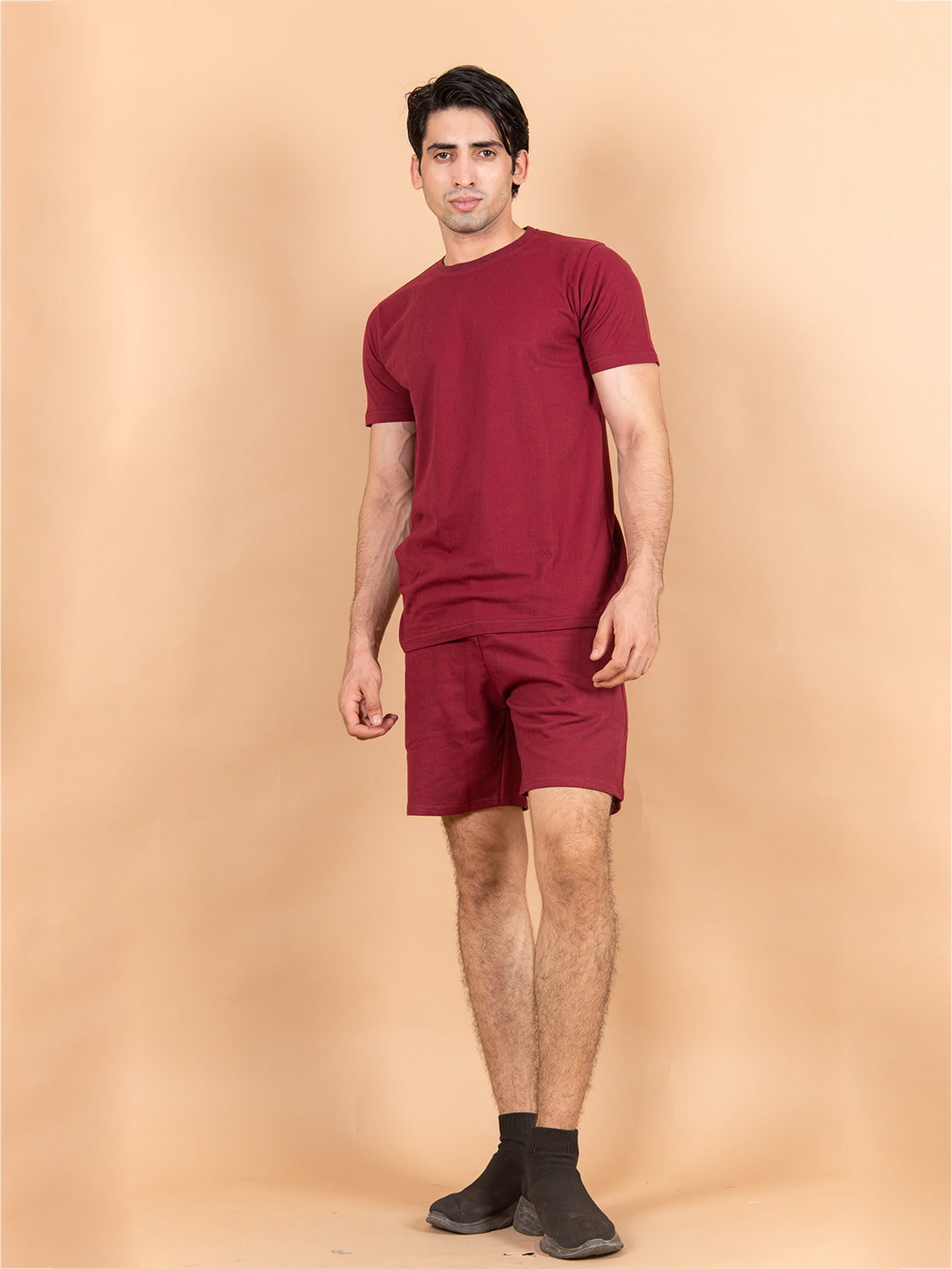 Burgundy Solid T-Shirt and Shorts Men's Co-Ord Set