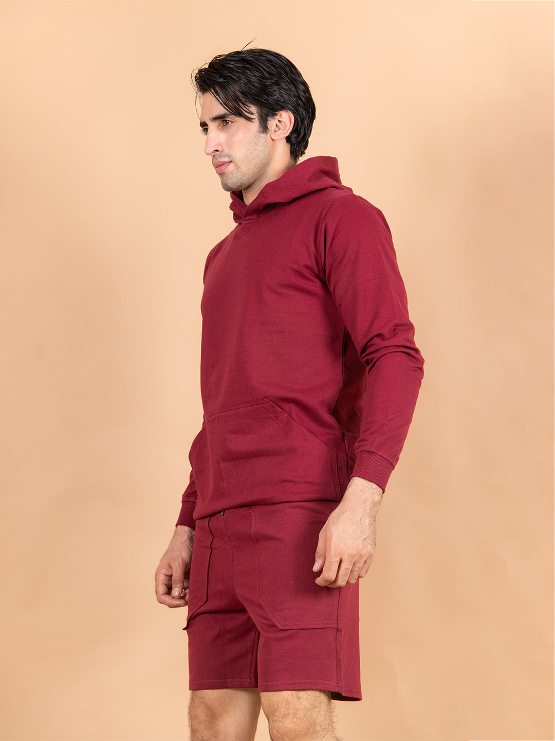 Solid Burgundy Kangaroo Pattern Hoodie with Shorts Co-Ord Set