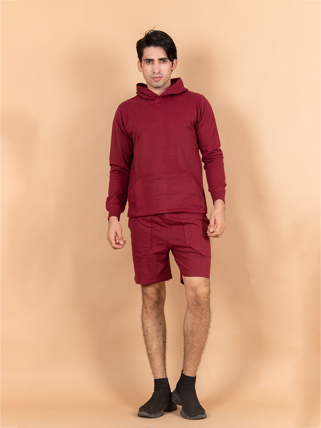 Solid Burgundy Kangaroo Pattern Hoodie with Shorts Co-Ord Set