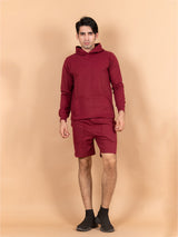 Solid Burgundy Kangaroo Pattern Hoodie with Shorts Co-Ord Set