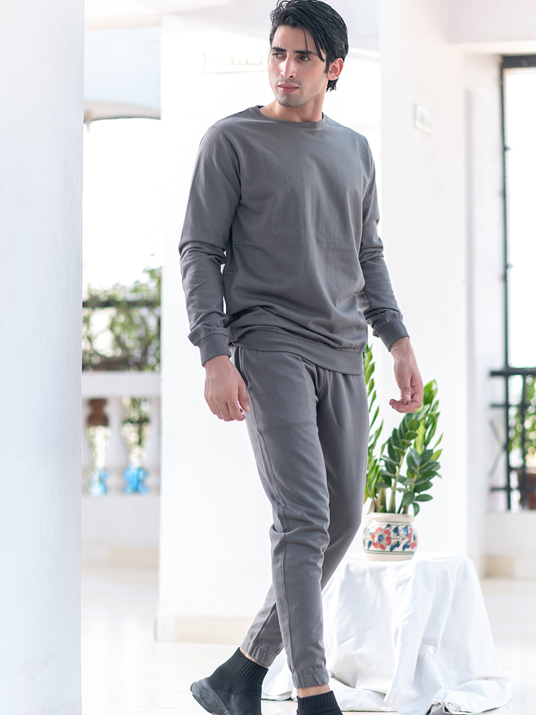 Solid Grey Sweatshirt Pattern With Jogger Co-Ord Set