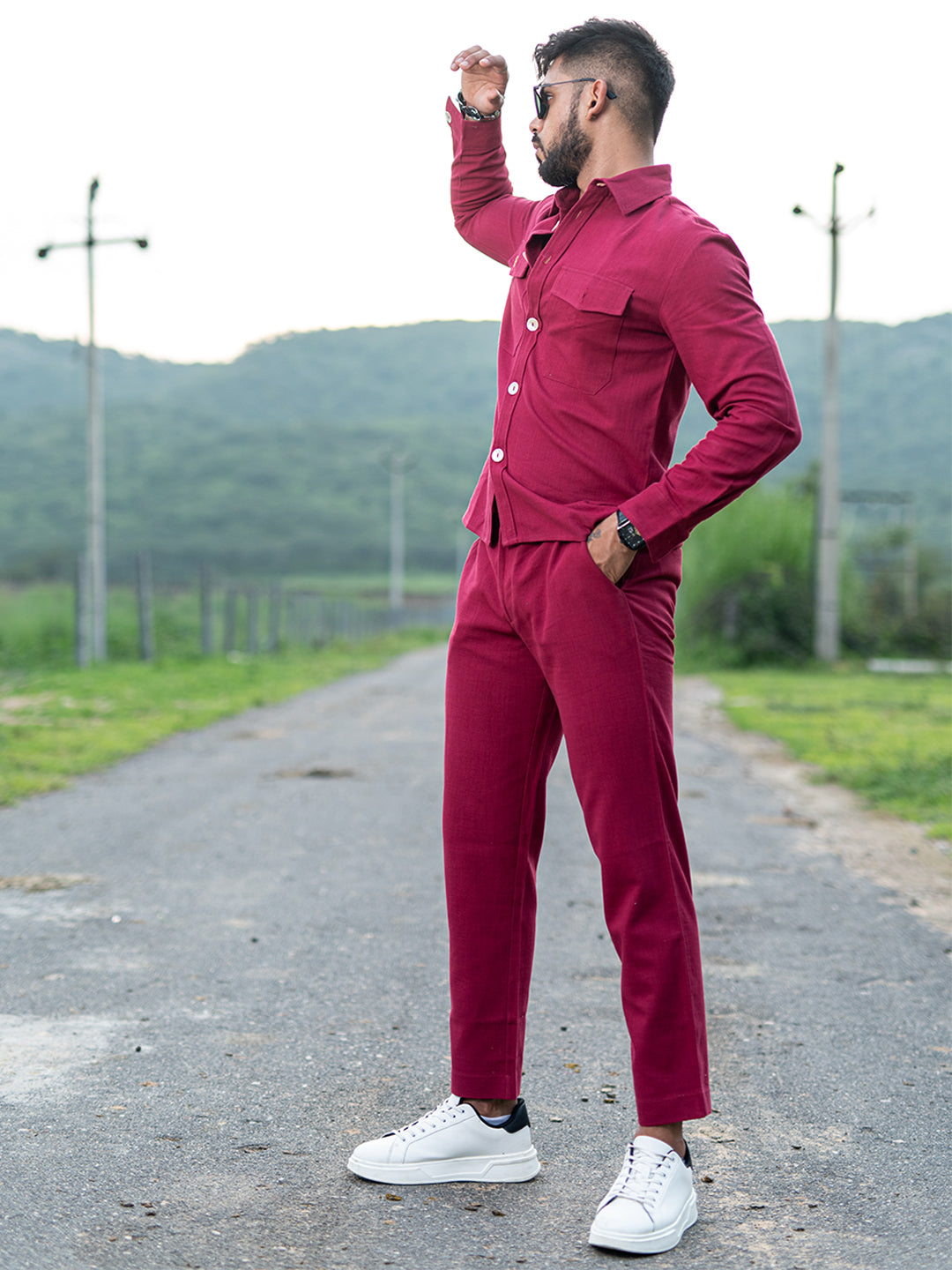 Burgundy Full Sleeves Two Pocket Linen Co ord Set