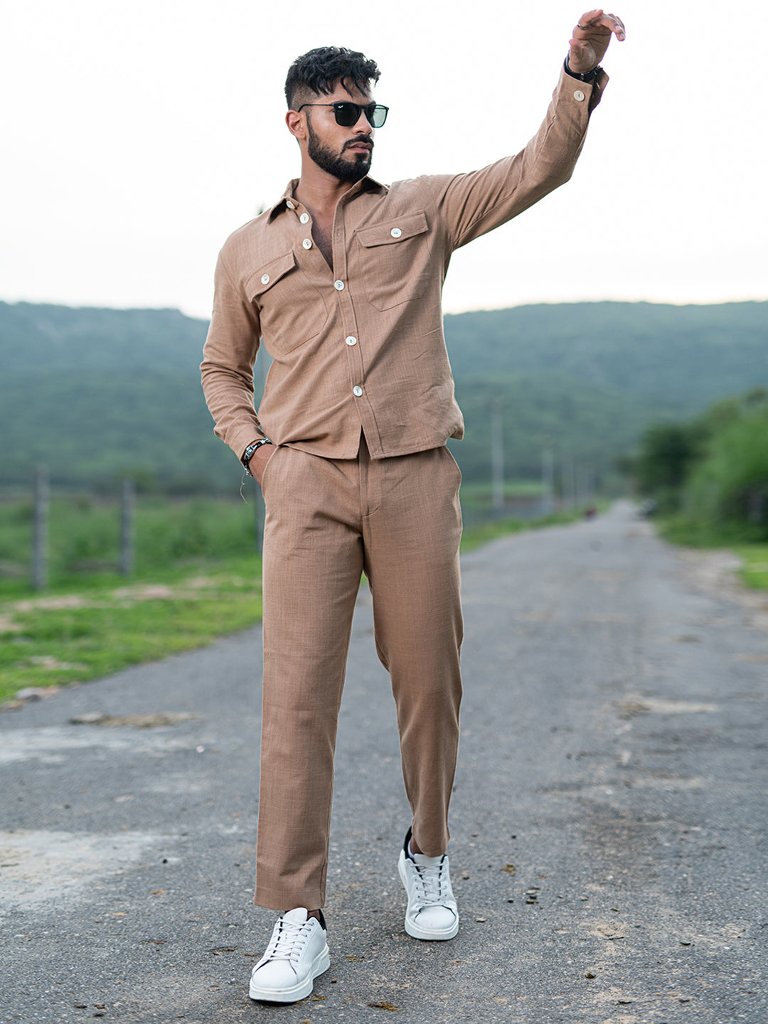 Brown Full Sleeves Two Pocket Linen Co-ord Set