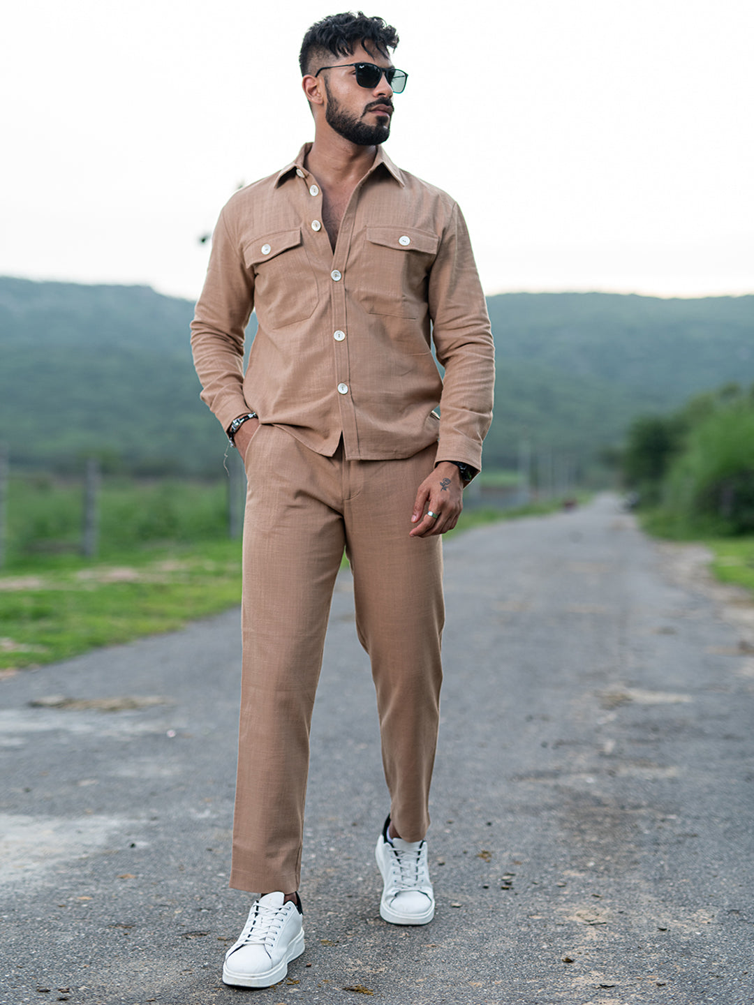 Brown Full Sleeves Two Pocket Linen Co-ord Set