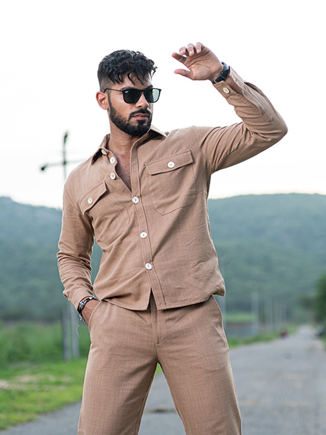 Brown Full Sleeves Two Pocket Linen Co-ord Set