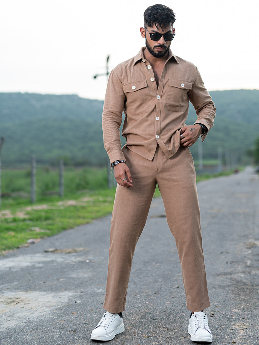 Brown Full Sleeves Two Pocket Linen Co-ord Set