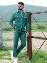 Bottle Green Full Sleeves Two Pocket Linen Co-ord Set