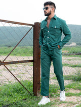 Bottle Green Full Sleeves Two Pocket Linen Co-ord Set