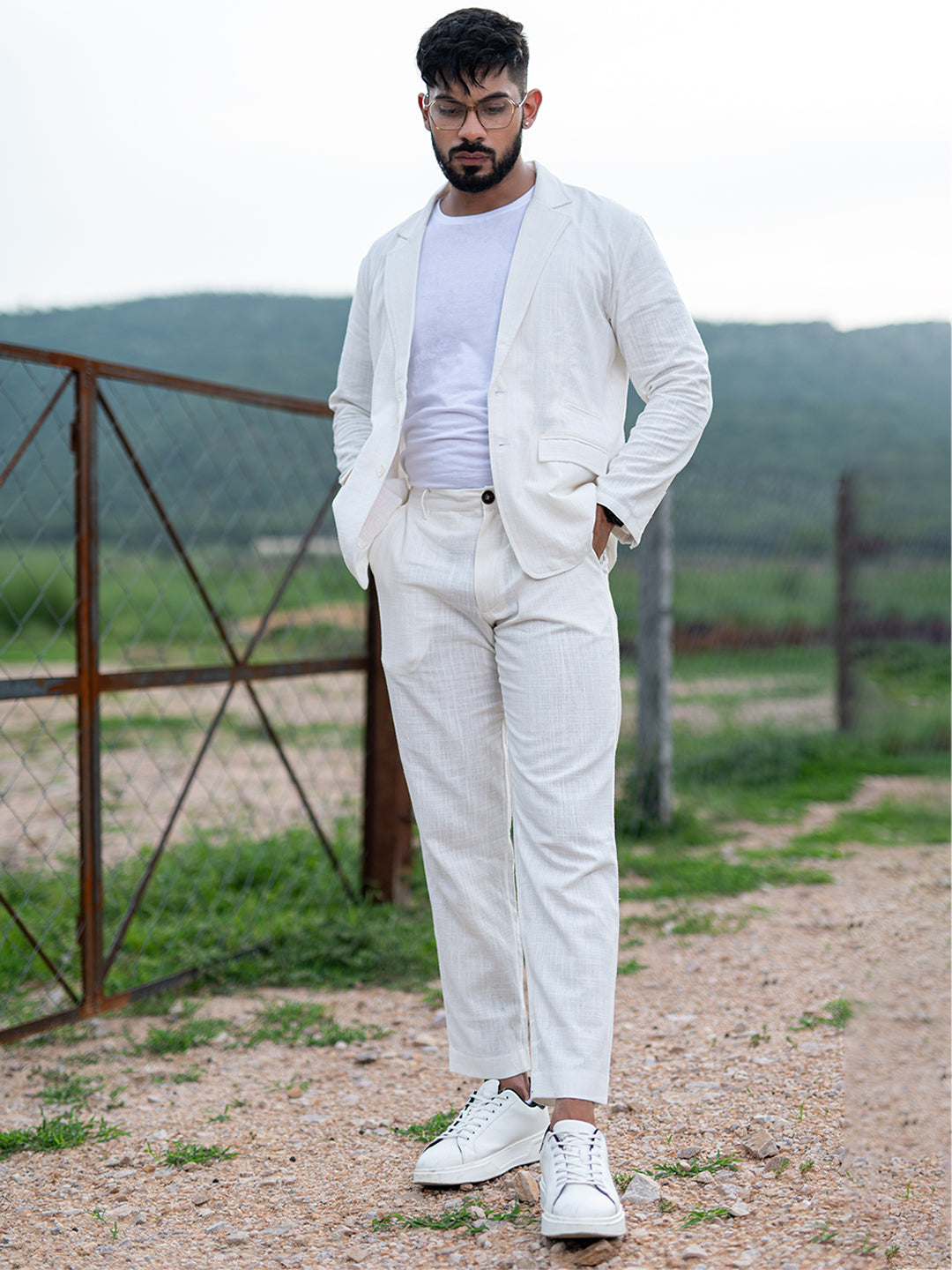 Mens all white linen on sale outfit