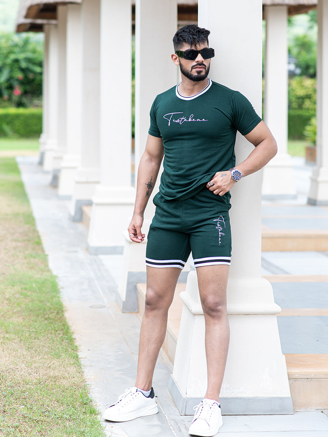 Bottle Green Tistabene Printed T-shirt & Shorts Co-ord Set