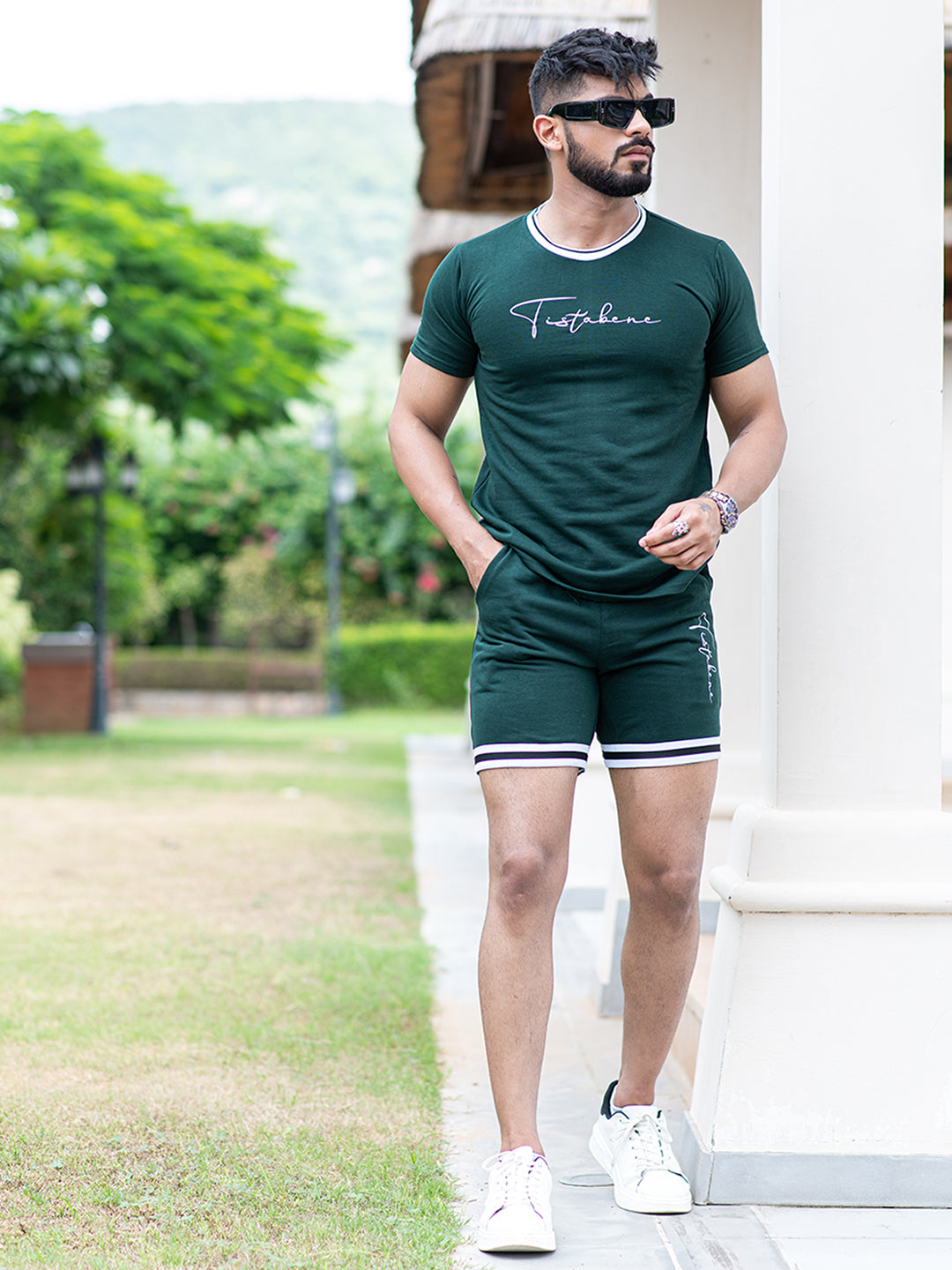 Bottle Green Tistabene Printed T-shirt & Shorts Co-ord Set