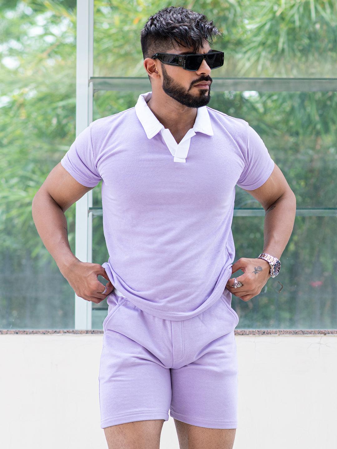 Solid Lavender Polo Neck T-shirt & Shorts Co-ord Set - Tistabene