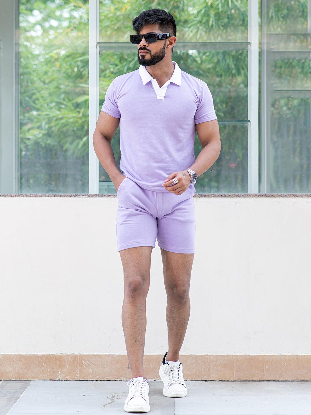 Solid Lavender Polo Neck T-shirt & Shorts Co-ord Set - Tistabene