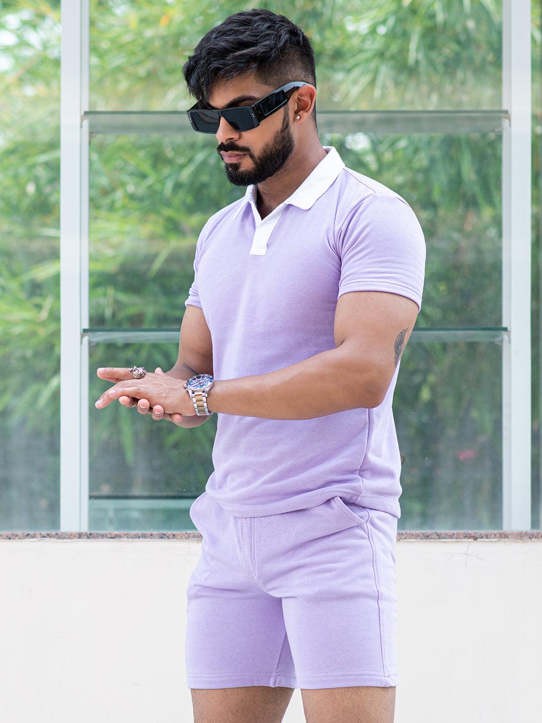 Solid Lavender Polo Neck T-shirt & Shorts Co-ord Set