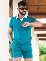 Solid Teal Blue Polo Neck T-shirt & Shorts Co-ord Set - Tistabene