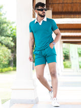 Solid Teal Blue Polo Neck T-shirt & Shorts Co-ord Set - Tistabene