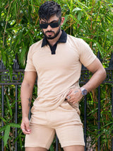 Solid Light Brown Polo Neck T-shirt & Shorts Co-ord Set - Tistabene