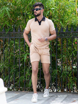 Solid Light Brown Polo Neck T-shirt & Shorts Co-ord Set - Tistabene