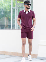 Solid Burgundy Polo Neck T-shirt & Shorts Co-ord Set