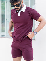 Solid Burgundy Polo Neck T-shirt & Shorts Co-ord Set