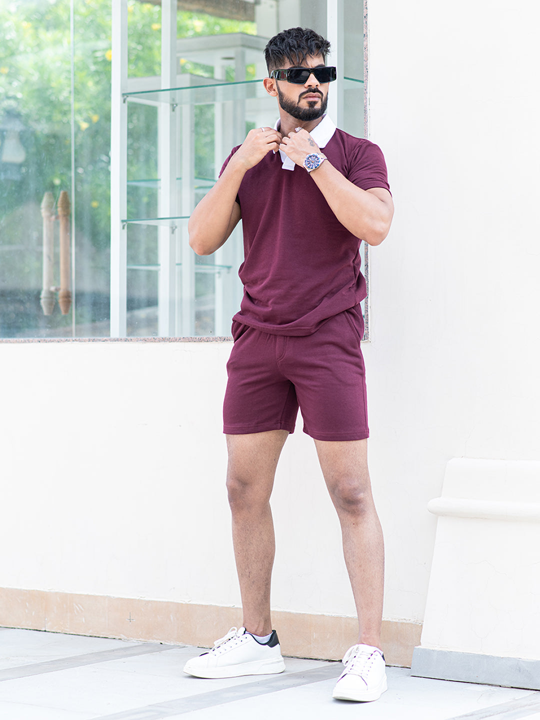 Maroon shorts deals outfit mens