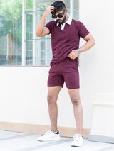 Solid Burgundy Polo Neck T-shirt & Shorts Co-ord Set