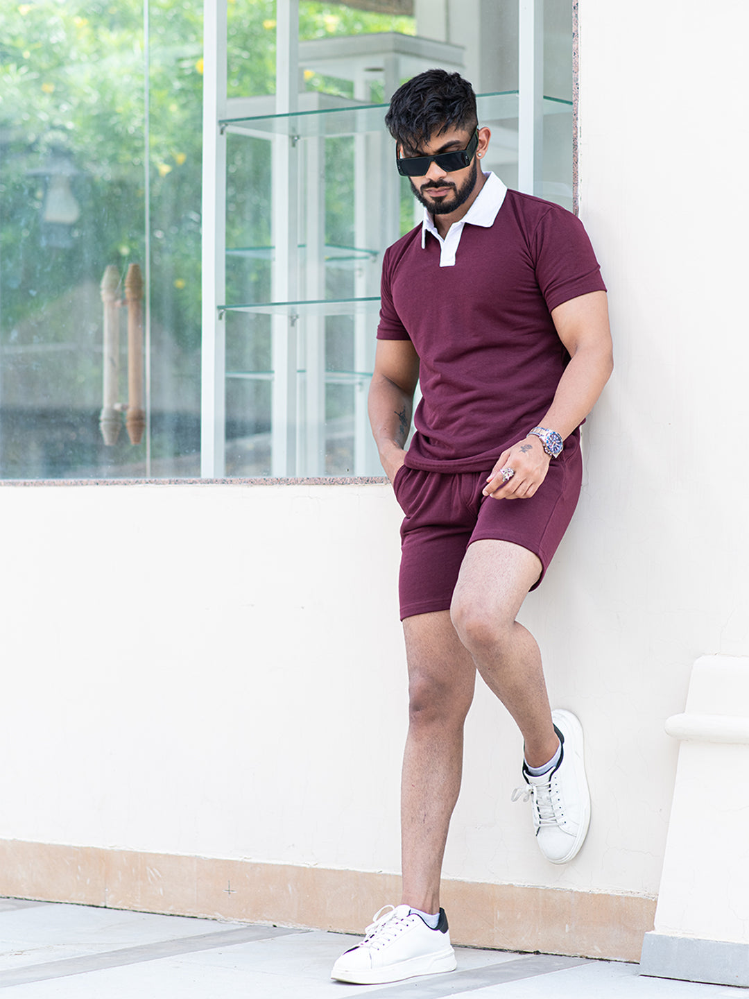 Solid Burgundy Polo Neck T-shirt & Shorts Co-ord Set