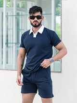 Solid Blue Polo Neck T-shirt & Shorts Co-ord Set