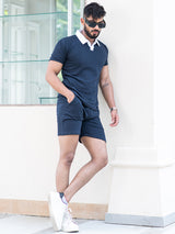 Solid Blue Polo Neck T-shirt & Shorts Co-ord Set