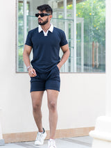 Solid Blue Polo Neck T-shirt & Shorts Co-ord Set