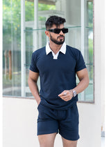 Solid Blue Polo Neck T-shirt & Shorts Co-ord Set